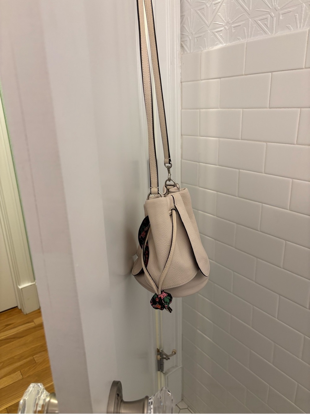 Coach White Pebbled Leather Drawstring Petal Shoulder Bag with Floral Tassels - Picture 10 of 12